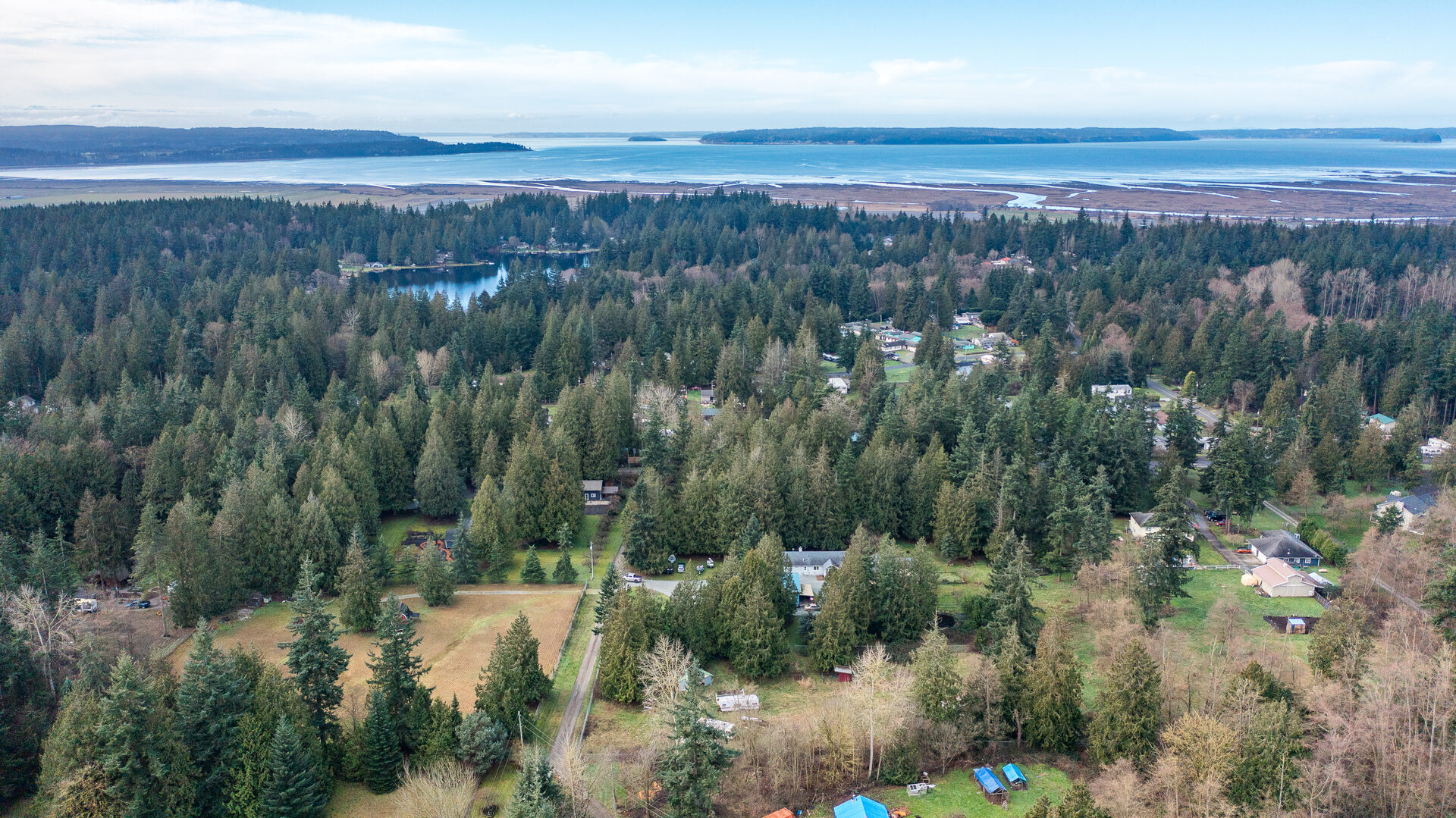 Aerial west-facing view of a rural Arlington-area property with pastures and home